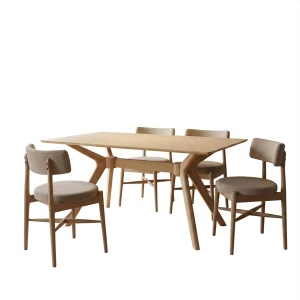 Τραπεζαρία Με Καρέκλες Raudi Μπεζ Και Τραπέζι Raffles Rubberwood Σε Φυσική Απόχρωση 150X90X76Εκ Σετ 5Τεμ