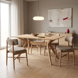 Τραπεζαρία Με Καρέκλες Raudi Μπεζ Και Τραπέζι Raffles Rubberwood Σε Φυσική Απόχρωση 150X90X76Εκ Σετ 5Τεμ