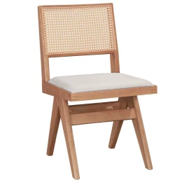 Καρέκλα Winslow Ξύλο Rubberwood Ανοικτό Καρυδί-Pvc Rattan Φυσικό-Ύφασμα Γκρι