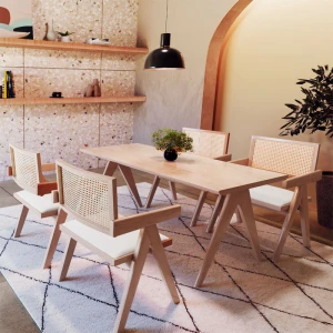 Πολυθρόνα Winslow Ξύλο Rubberwood Ανοικτό Καρυδί-Pvc Rattan Φυσικό-Ύφασμα Γκρι