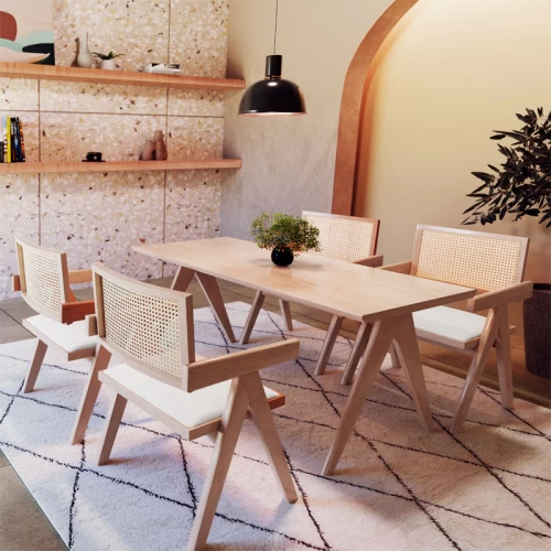 Πολυθρόνα Winslow Ξύλο Rubberwood Ανοικτό Καρυδί-Pvc Rattan Φυσικό-Ύφασμα Γκρι