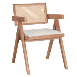Πολυθρόνα Winslow Ξύλο Rubberwood Ανοικτό Καρυδί-Pvc Rattan Φυσικό-Ύφασμα Γκρι