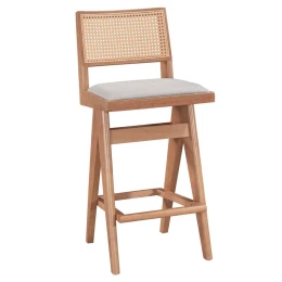 Σκαμπό Bar Winslow Ξύλο Rubberwood Ανοικτό Καρυδί-Pvc Rattan Φυσικό-Ύφασμα Γκρι 44.5X46X98Εκ