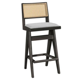 Σκαμπό Bar Winslow Ξύλο Rubberwood Μαύρο-Pvc Rattan Φυσικό-Ύφασμα Γκρι 44.5X46X98Εκ