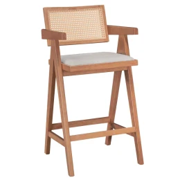 Σκαμπό Bar Winslow Ξύλο Rubberwood Ανοικτό Καρυδί-Pvc Rattan Φυσικό-Ύφασμα Γκρι