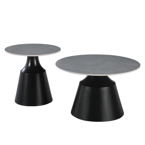 Τραπέζια Σαλονιού Sculpt Σετ 2Τεμ Μέταλλο Μαύρο- Sintered Stone Γκρι Μάρμαρο