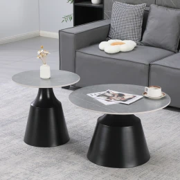 Τραπέζια Σαλονιού Sculpt Σετ 2Τεμ Μέταλλο Μαύρο- Sintered Stone Γκρι Μάρμαρο