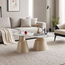 Τραπέζια Σαλονιού Sculpt Σετ 2Τεμ Μέταλλο Cappuccino- Sintered Stone Λευκό Μαρμάρου