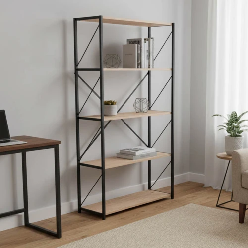 Βιβλιοθήκη Tikilmo Oak Μελαμίνης-Μαύρο Μέταλλο 88X34X180Εκ