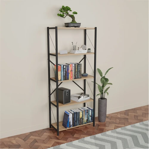 Βιβλιοθήκη Draizy Oak Μελαμίνης-Μαύρο Μέταλλο 63X30X150Εκ