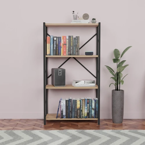 Βιβλιοθήκη Jackrey Oak Μελαμίνης-Μαύρο Μέταλλο 63X30X114Εκ