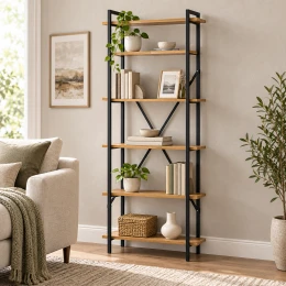 Βιβλιοθήκη Derena Oak Με Μαύρο Μέταλλο 60X29X160Εκ