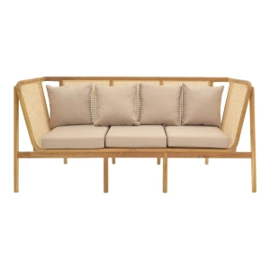 Καναπές Τριθέσιος Jenta Teak Ξύλο Με Rattan Σε Φυσική Απόχρωση Και Μπεζ Μαξιλάρι 203X67X92Εκ