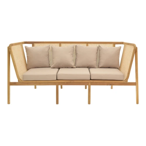 Καναπές Τριθέσιος Jenta Teak Ξύλο Με Rattan Σε Φυσική Απόχρωση Και Μπεζ Μαξιλάρι 203X67X92Εκ