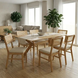 Τραπεζαρία Raffles Σετ 7Τεμ Rubberwood Με Pe Rattanσε Φυσική Απόχρωση 150X90X76Εκ