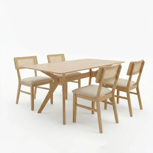 Τραπεζαρία Raffles Σετ 5Τεμ Rubberwood Με Pe Rattanσε Φυσική Απόχρωση 150X90X76Εκ