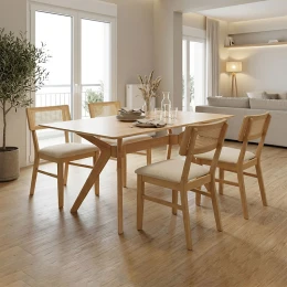 Τραπεζαρία Raffles Σετ 5Τεμ Rubberwood Με Pe Rattanσε Φυσική Απόχρωση 150X90X76Εκ