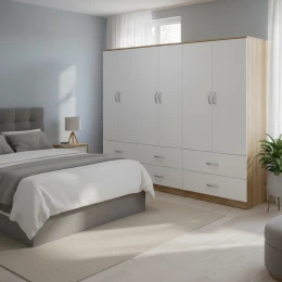 Ντουλάπα Εξάφυλλη Με Συρτάρια Athos Sonoma-Λευκό  240X42X180Εκ