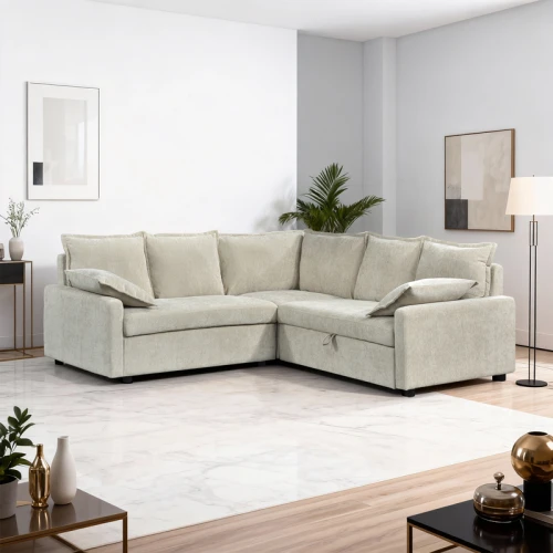 Γωνιακός Καναπές Κρεβάτι Lounivo Ύφασμα Μπεζ 215X215X84Εκ