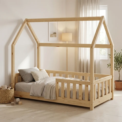 Παιδικό Κρεβάτι Bambie Με Κιγκλίδωμα Τ. Montessori Ξύλο Πεύκου Σε Φυσική Απόχρωση 70X140Εκ