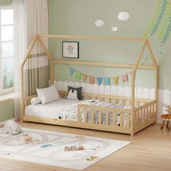 Παιδικό Κρεβάτι Bambie Με Κιγκλίδωμα Τ. Montessori Ξύλο Πεύκου Σε Φυσική Απόχρωση 90X190Εκ