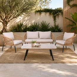 Salsa Plus Set Σαλόνι Κήπου Alu Μαύρο-Γυαλί-Wicker Φυσικό: Τραπέζι+2 Θέσιος+2 Πολυθρόνες 110x55x44-149x74x71-71x71x71cm