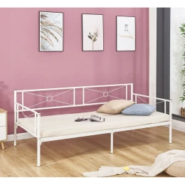 Queen Daybed Κρεβάτι Μέταλλο Βαφή Άσπρο 196x95x75cm για Στρώμα 90x190