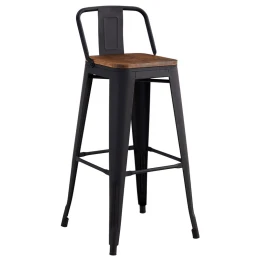 Relix Wood Σκαμπό Bar Με Πλάτη,Μέταλλο Βαφή Μαύρο Matte, Απόχρωση Ξύλου Dark Oak 44x44x76/97cm