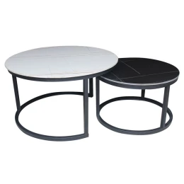 Terry Set2 Τραπεζάκια Σαλονιού , Μέταλλο Βαφή Μαύρο, Sintered Stone White-Black Marble Φ.80 H.48cm + Φ.60 H.40cm