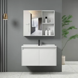 Idea-1 Set Έπιπλο Μπάνιου Άσπρο, Καθρέπτης + Πάγκος Με Νιπτήρα Και Μπαταρία Up:55x11x60cm Down:60x47x45cm