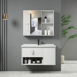 Idea-2 Set Έπιπλο Μπάνιου Άσπρο, Καθρέπτης + Πάγκος Με Νιπτήρα Και Μπαταρία Up:55x11x60cm Down:60x47x45cm