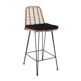 Salsa Σκαμπό Bar-Pro Με Πλάτη, Μέταλλο Βαφή Μαύρο - Wicker Φυσικό, Με Μαξιλάρι Μαύρο 45x55x75/113cm