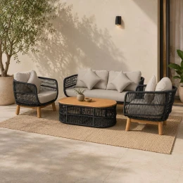 Mark Set Σαλόνι Κήπου 4 Τεμαχίων Acacia Φυσικό, Rope Wicker Μαύρο, Μαξιλάρια Μπεζ 2 Πολυθρόνες+Καναπές+Τραπεζάκι