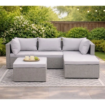 Corner Set Wicker, Γωνία Με Σκαμπό, Απόχρωση Ανοιχτό Γκρι Αναστρέψιμη Γωνία 202x142x74 H.63 -Σκ.68x64x38cm
