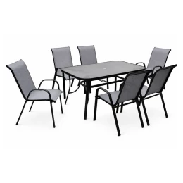 Rio Set Κήπου - Βεράντας: Τραπέζι + 6 Πολυθρόνες Μέταλλο Βαφή Μαύρο, Textilene Γκρι Table:140x80x71 Chair:55x74x91