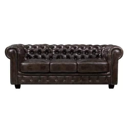 Chesterfield Birmingham Καναπές 3Θέσιος Σαλονιού Καθιστικού,Δέρμα Απόχρωση Καφέ 201x92x74cm