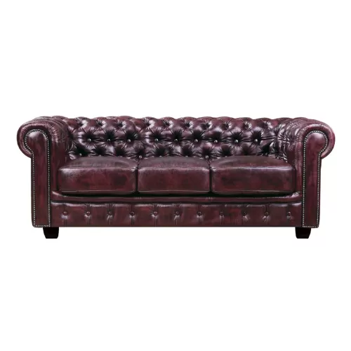 Chesterfield Birmingham Καναπές 3Θέσιος Σαλονιού Καθιστικού, Δέρμα Antique Red 201x92x74cm