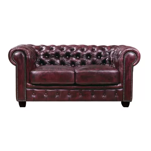 Chesterfield Birmingham Καναπές 2Θέσιος Σαλονιού Καθιστικού, Δέρμα Antique Red 155x91x74cm