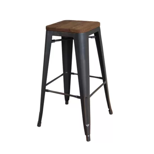 Relix Wood Σκαμπό Bar-Pro, Στοιβαζόμενο, Μέταλλο Βαφή Antique Black,Κάθισμα Dark Oak 43x43 H.76cm