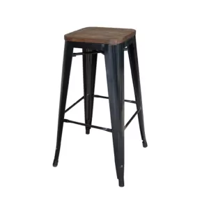 Relix Wood Σκαμπό Bar-Pro, Στοιβαζόμενο, Μέταλλο Βαφή Μαύρο, Κάθισμα Dark Oak 43x43 H.76cm
