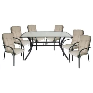 Astor Set Τραπεζαρία Κήπου: Τραπέζι + 6 Πολυθρόνες Μέταλλο Ανθρακί, Γυαλί, Μαξιλάρι Μπεζ Table:150x90x70 Chair60x77x104