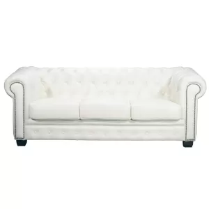 Chesterfield Birmingham Καναπές 3Θέσιος Σαλονιού Καθιστικού, Δέρμα Άσπρο 201x92x74cm