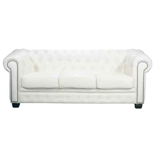 Chesterfield Birmingham Καναπές 3Θέσιος Σαλονιού Καθιστικού, Δέρμα Άσπρο 201x92x74cm