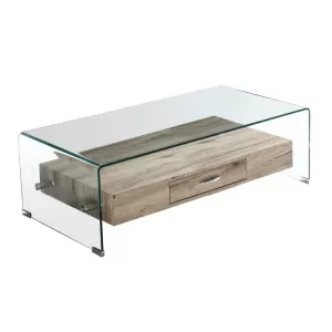 Glasser Wood Τραπεζάκι Σαλονιού Γυαλί 12Mm - Ράφι Με Συρτάρι Απόχρωση Δρυς 110x55x35cm
