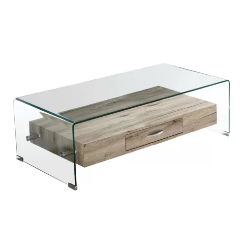 Glasser Wood Τραπεζάκι Σαλονιού Γυαλί 12Mm - Ράφι Με Συρτάρι Απόχρωση Δρυς 110x55x35cm