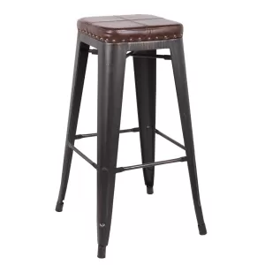 Relix Σκαμπό Bar-Pro, Στοιβαζόμενο, Μέταλλο Βαφή Antique Black, Pu Σκούρο Καφέ 43x43x78cm