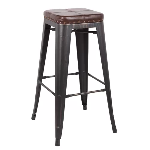 Relix Σκαμπό Bar-Pro, Στοιβαζόμενο, Μέταλλο Βαφή Antique Black, Pu Σκούρο Καφέ 43x43x78cm