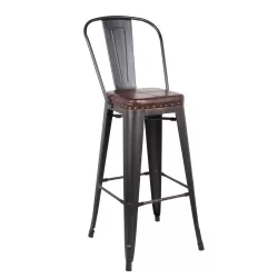 Relix Σκαμπό Bar-Pro Με Πλάτη, Μέταλλο Βαφή Antique Black, Pu Σκούρο Καφέ 43x48x78/114cm