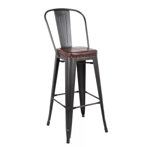 Relix Σκαμπό Bar-Pro Με Πλάτη, Μέταλλο Βαφή Antique Black, Pu Σκούρο Καφέ 43x48x78/114cm