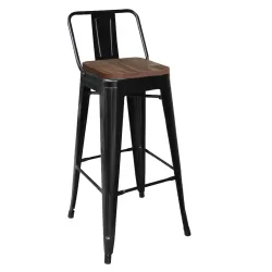 Relix Wood Σκαμπό Bar-Pro Με Πλάτη, Μέταλλο Βαφή Μαύρο Μatte, Απόχρωση Ξύλου Dark Oak 44x44x75/100cm